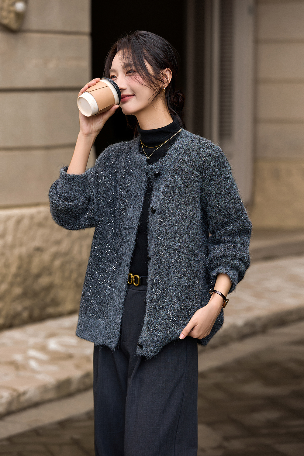 Coffee-Colored Crew Neck Sequin Sweater