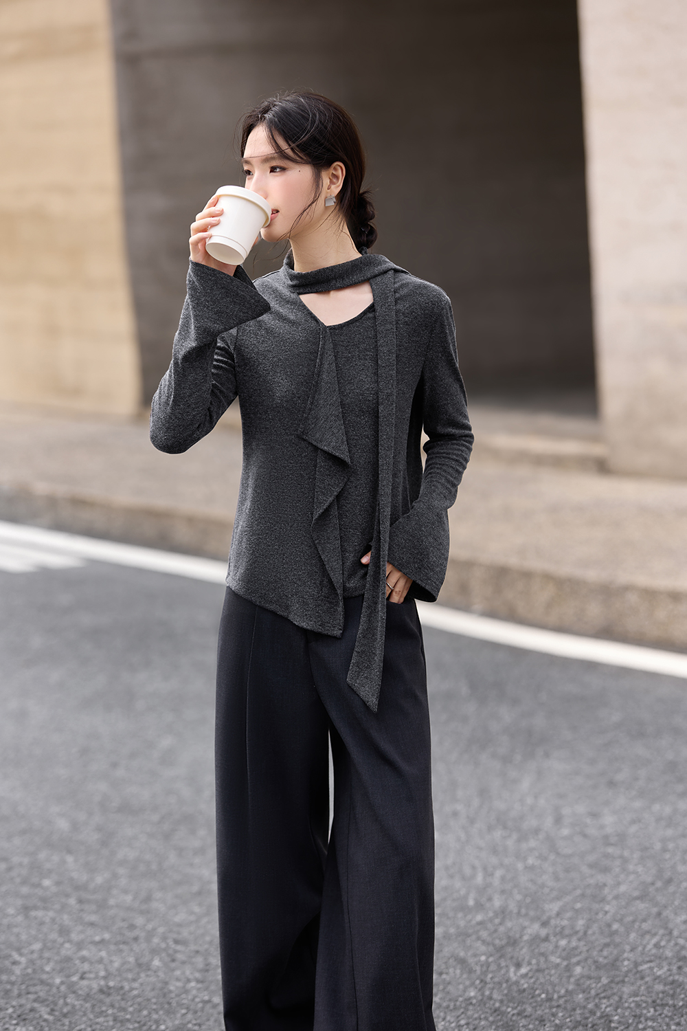 Asymmetric Ruffled Streamer Long-Sleeve T-Shirt