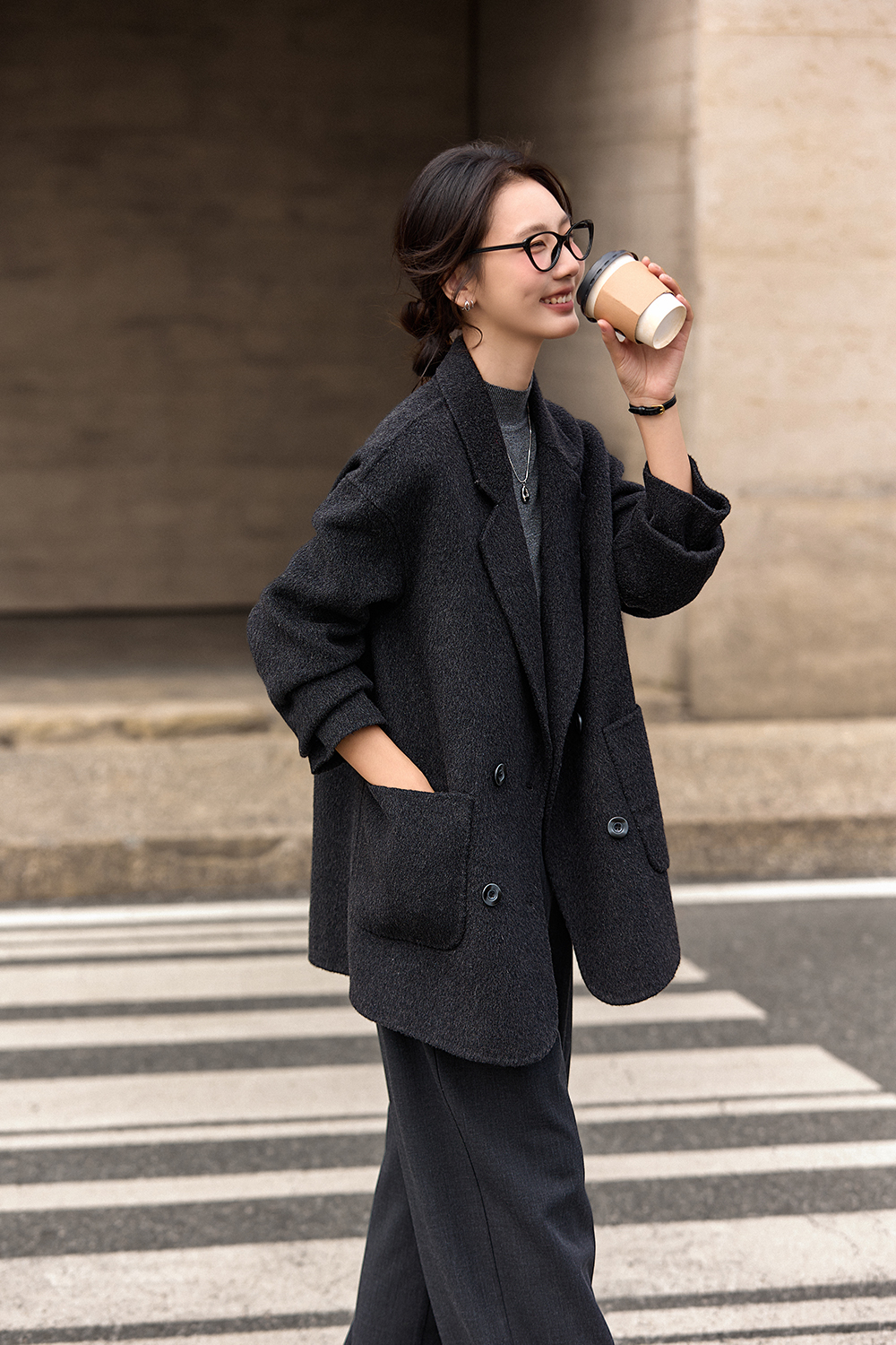 Grey plaid woolen suit jacket