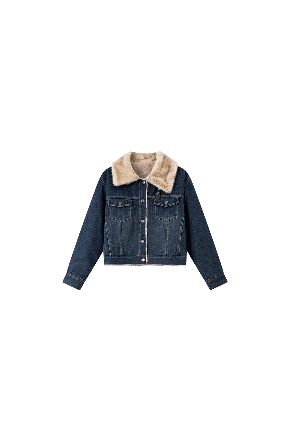Retro turn - down collar fur - collared denim jacket