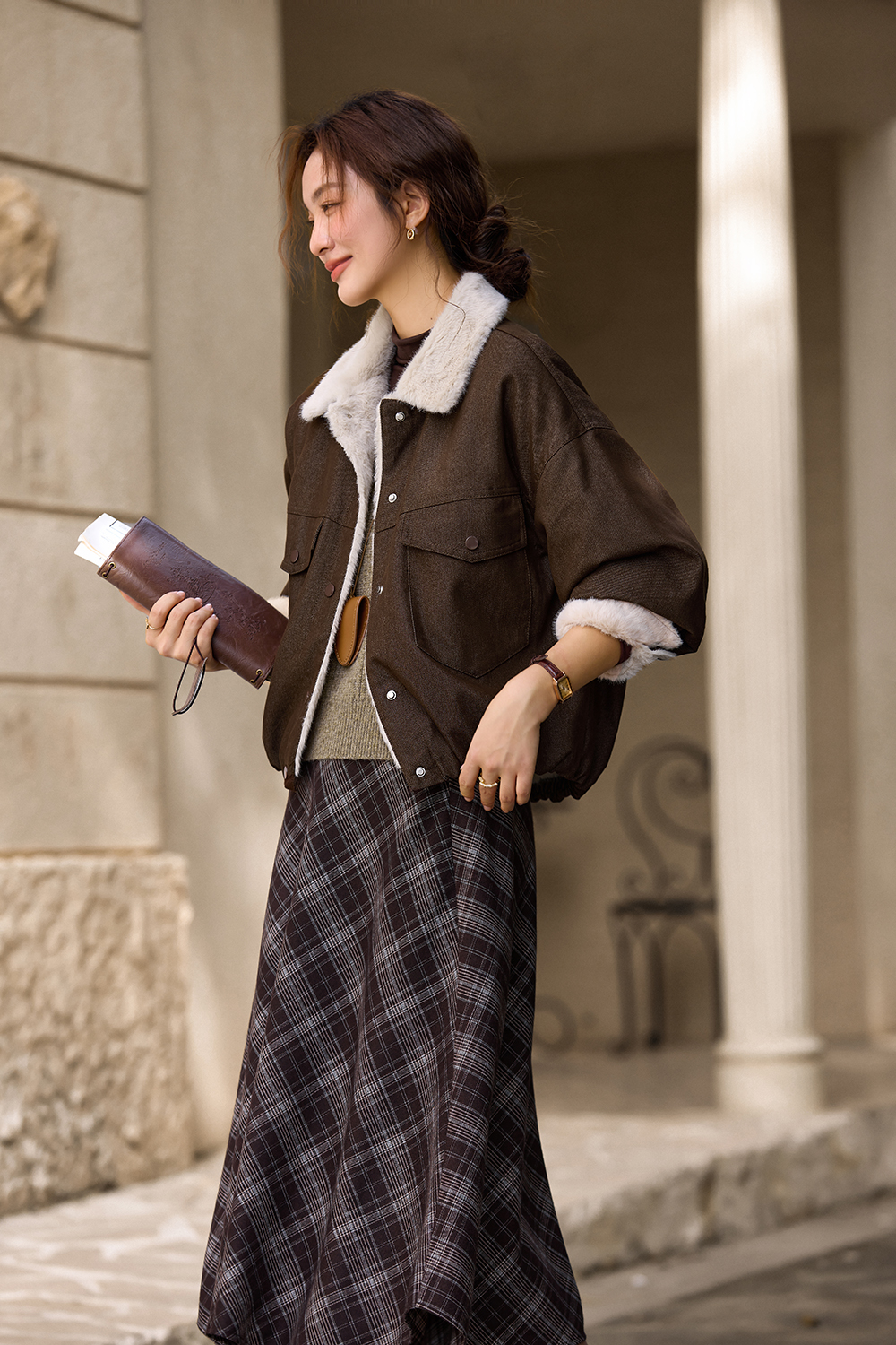 Lapel Brown Fleece-lined Denim Jacket