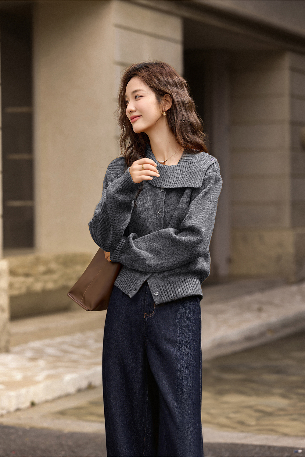 Designer asymmetric lapel knitted sweater