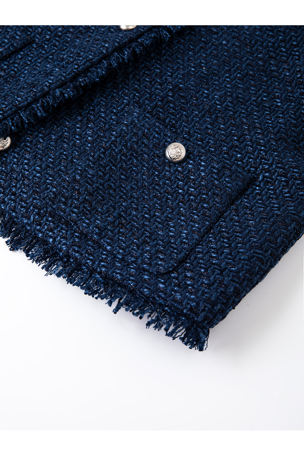 Navy Short Raw Edge Design Round Neck CN style Jacket-VIMLYSTORE