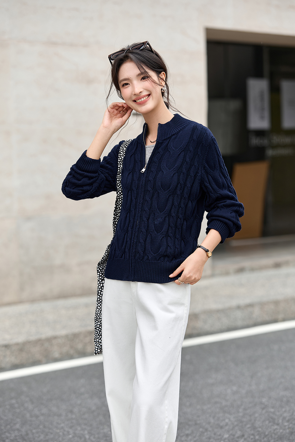 Twisted Cable Stand Neck Zipper Knit Cardigan-VIMLYSTORE