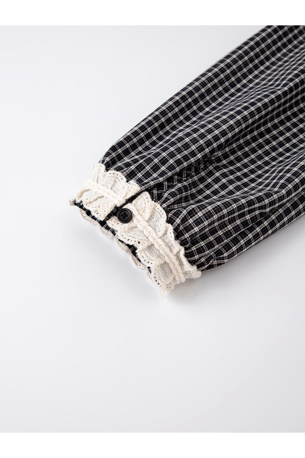 Black-Apricot Checkered Lace Trim Round Neck Puff Long Sleeve Blouse-VIMLYSTORE