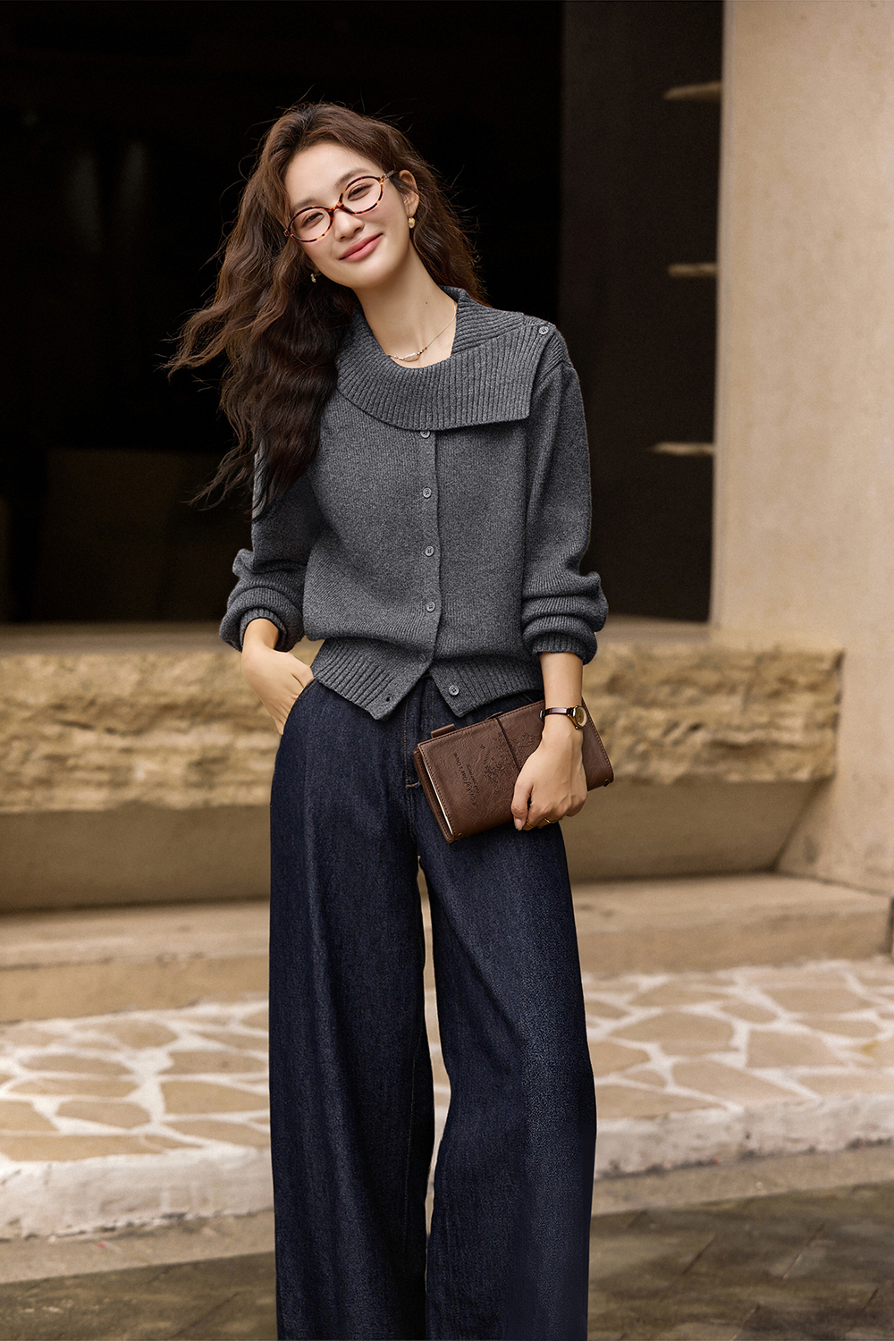 Designer asymmetric lapel knitted sweater