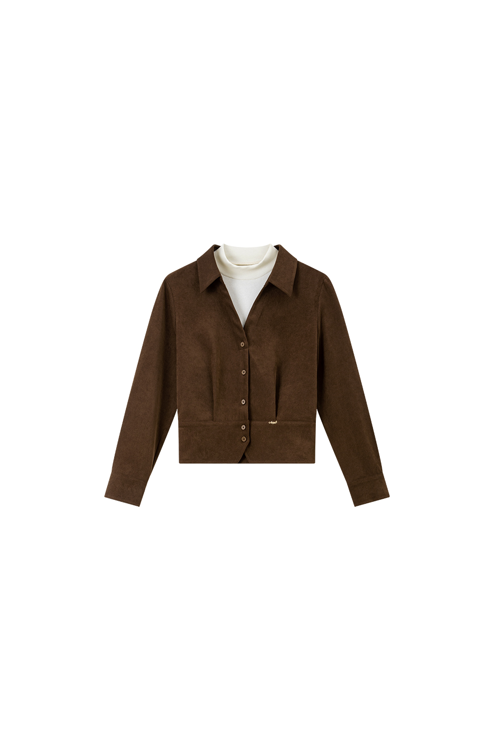 Apricot-Coffee Layered-Look Stand-Collar Shirt