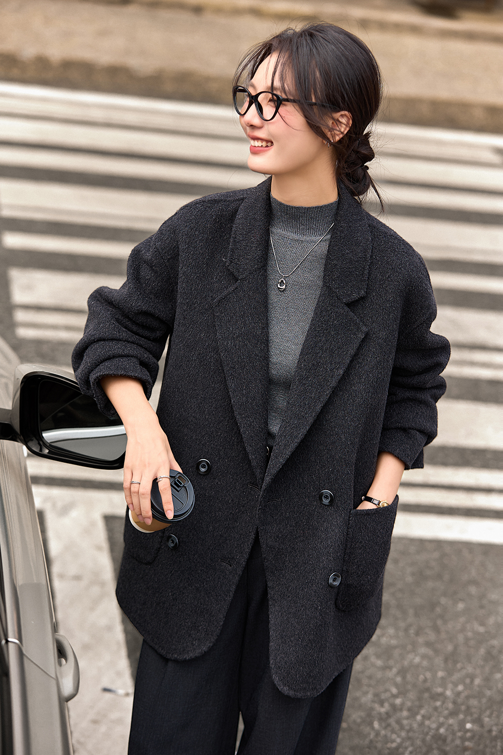 Grey plaid woolen suit jacket