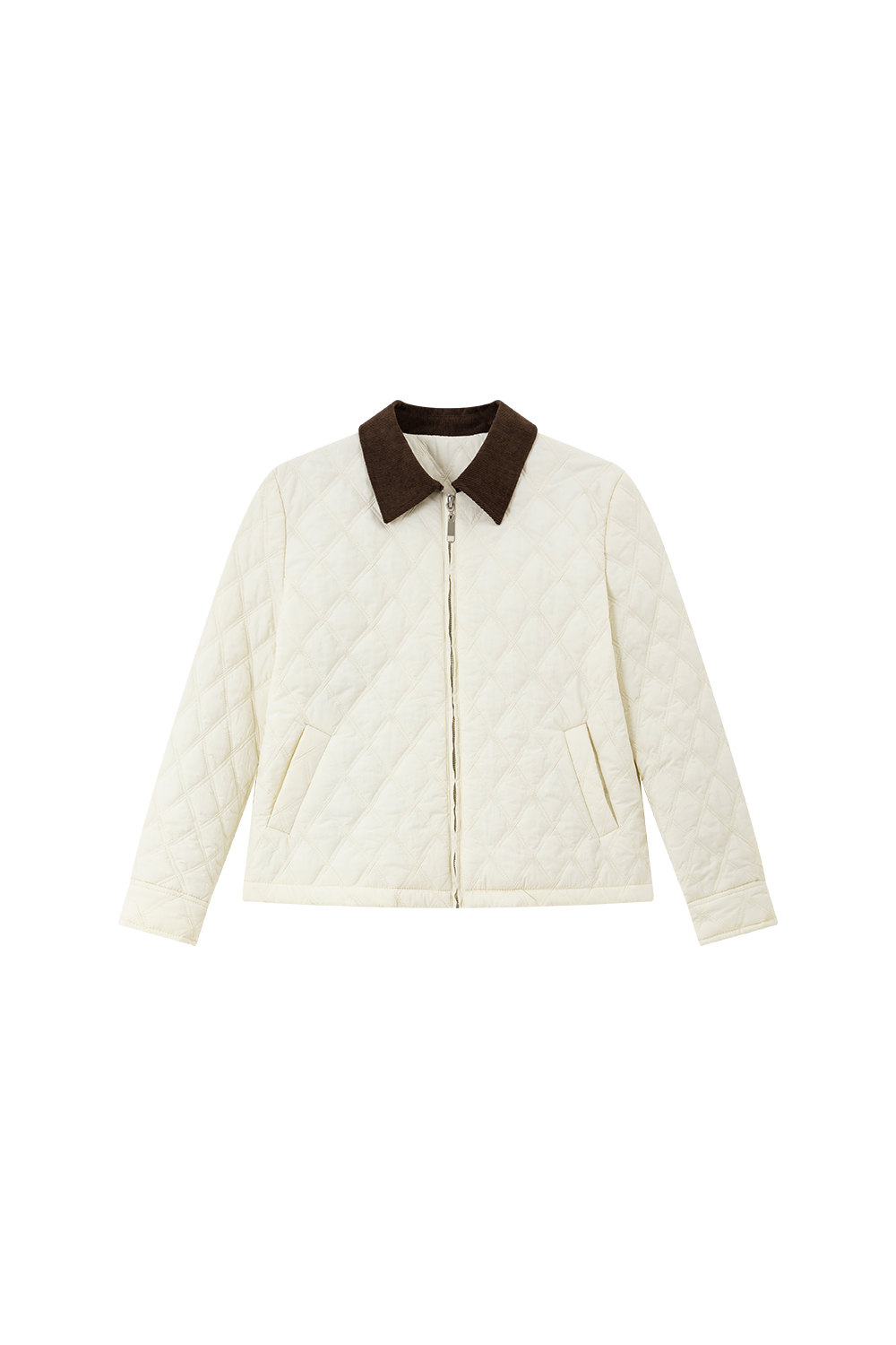 Color-Block Lapel Argyle Puffer Jacket