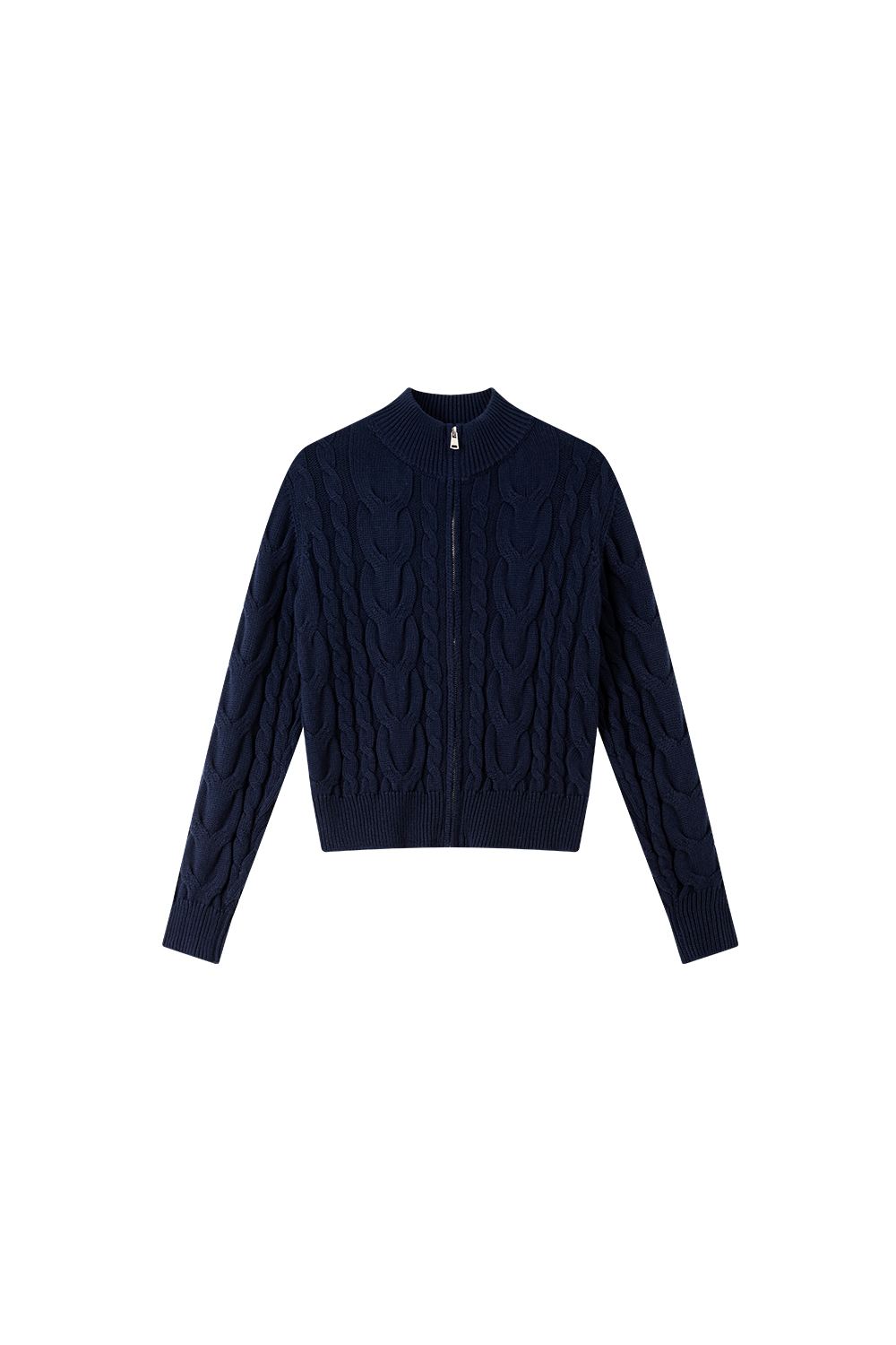 Twisted Cable Stand Neck Zipper Knit Cardigan-VIMLYSTORE