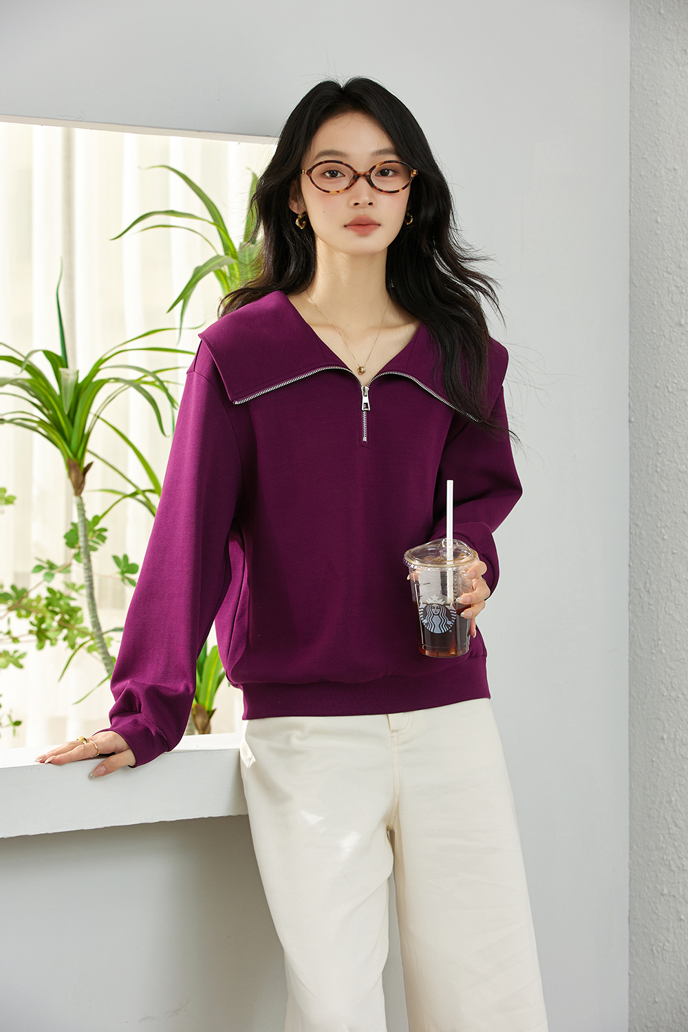 Temperament navy collar casual loose slim long sleeve sweater-VIMLYSTORE