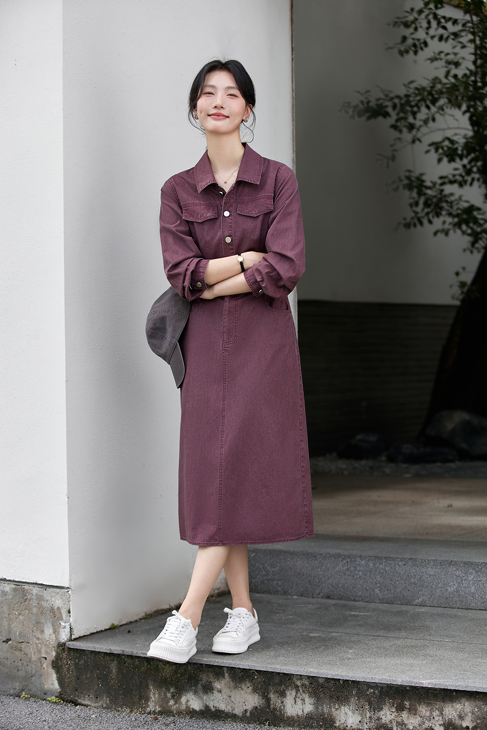 Utility-Chic Cotton Shirtdress with Belted Waist-VIMLYSTORE