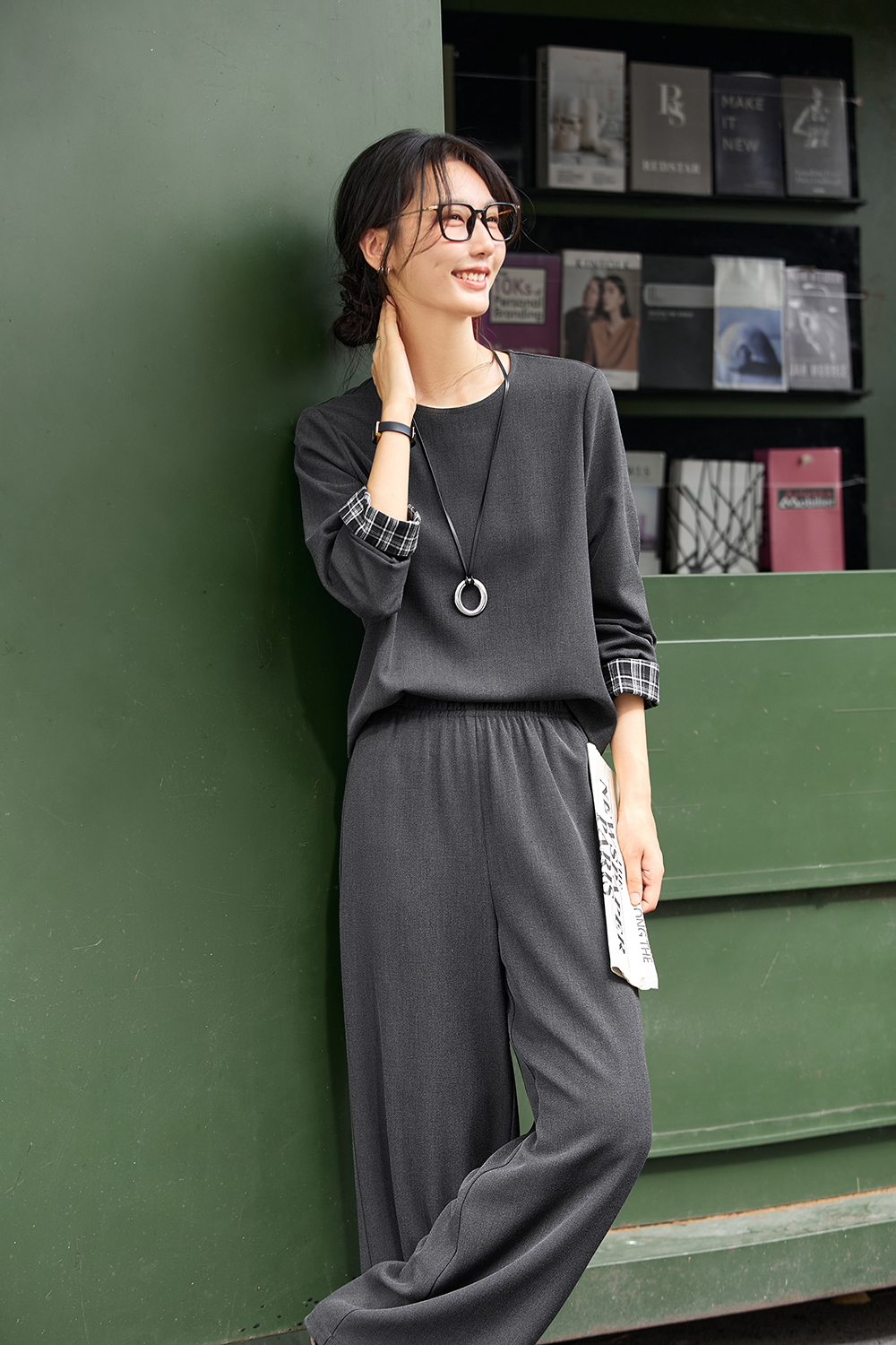 Effortless Gray Knit Top & Palazzo Pants Office Set-VIMLYSTORE