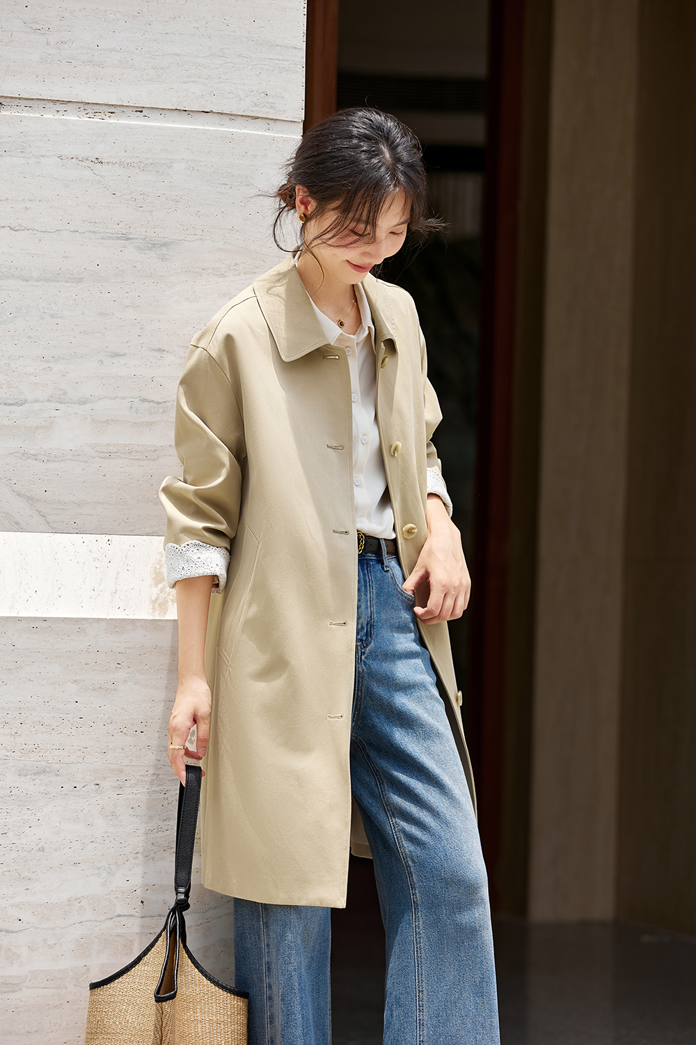 Lace-Cuff Trench Coat with Structured Silhouette-VIMLYSTORE