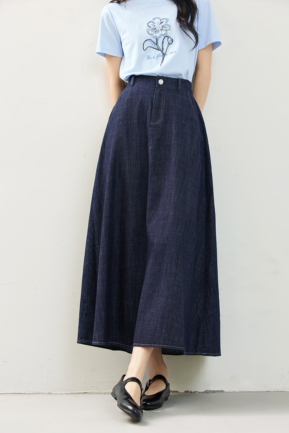 Denim A-Line Skirt with Contour Waistband-VIMLYSTORE