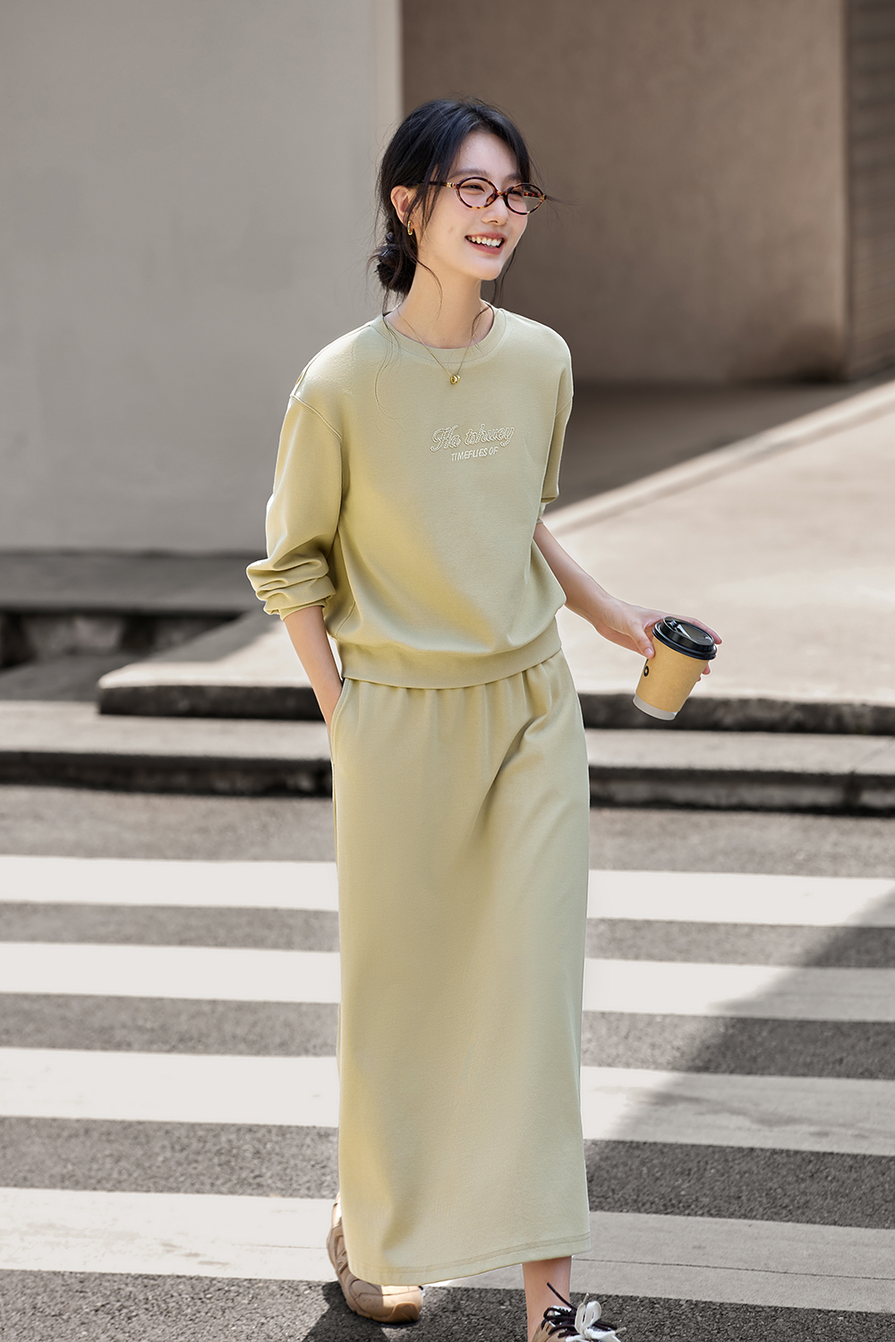 Crewneck Sweatshirt & Embroidered A-Line Skirt Set-VIMLYSTORE