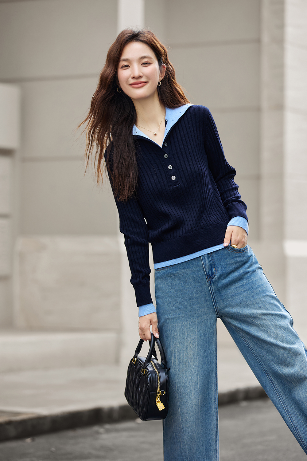 Color-Block Faux Layered Turtleneck Sweater-VIMLYSTORE