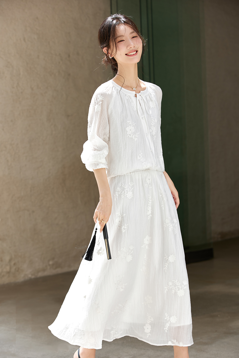 Broderie Anglaise Blouse & Maxi Skirt Coord Set-VIMLYSTORE