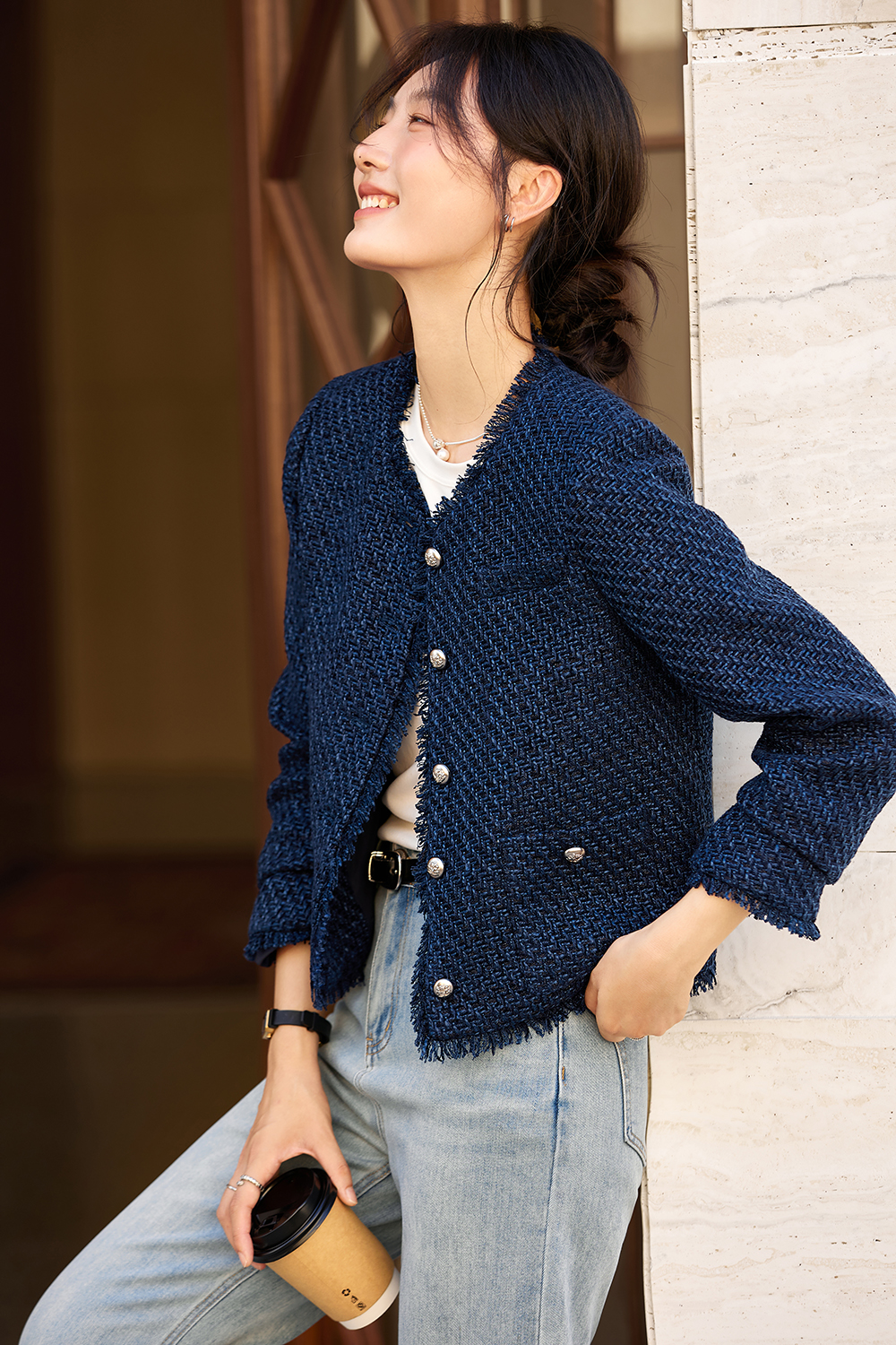 Navy Short Raw Edge Design Round Neck CN style Jacket-VIMLYSTORE