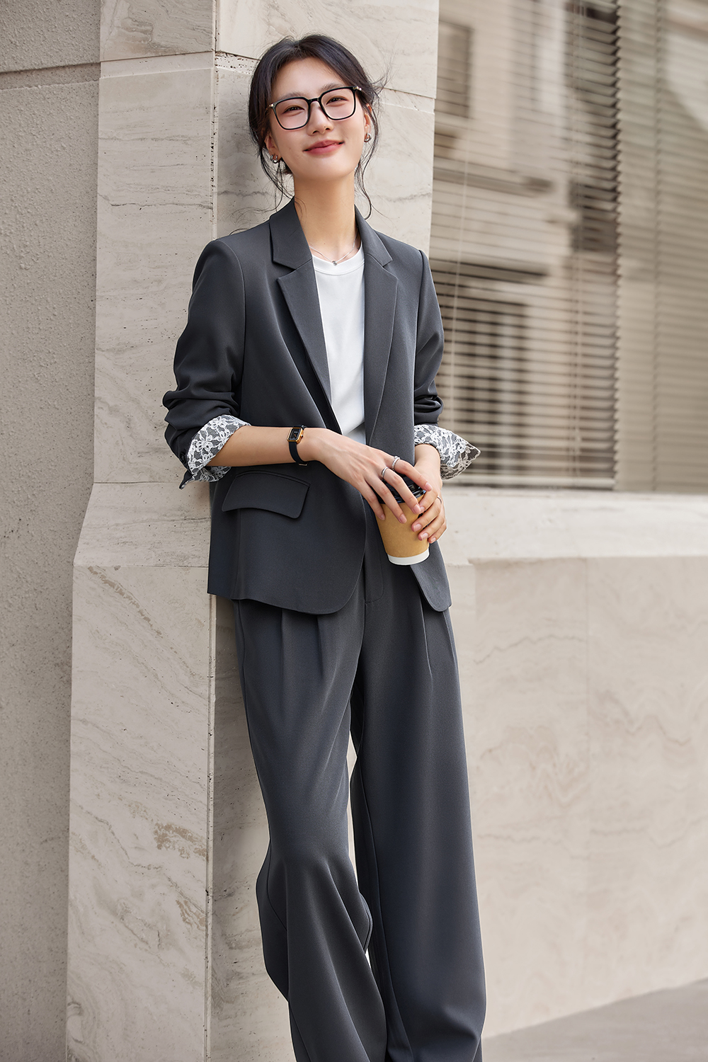 Commute Lapel Top with Wide-Leg Trousers Suit Set-VIMLYSTORE