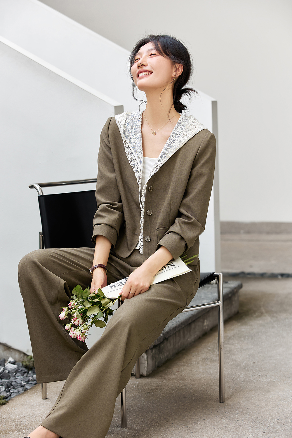 Hooded Lace Jacket Top with Casual Trousers Suit Set-VIMLYSTORE