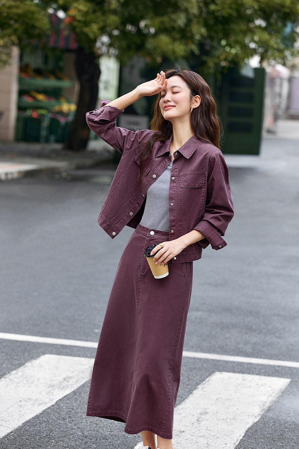 Purple Lapel Short Jacket and Skirt Denim Set-VIMLYSTORE