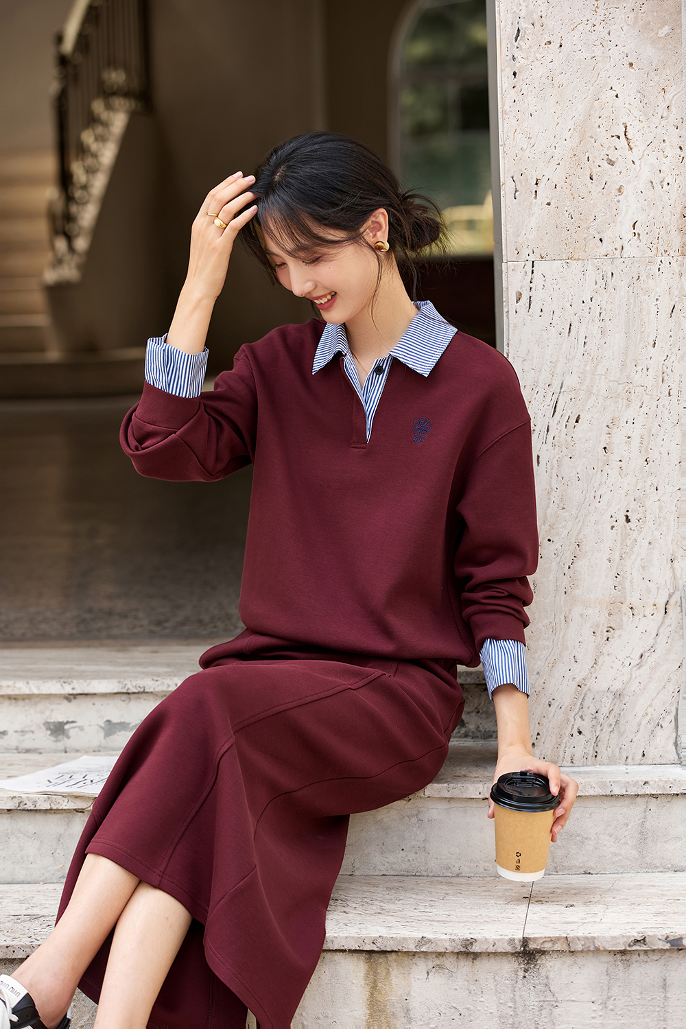 Preppy Style Lapel Color-Block Top with Slit Long Skirt Two-Piece Set-VIMLYSTORE