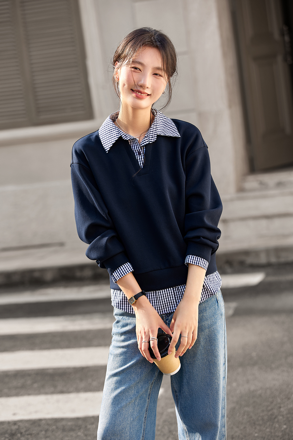 Design-Forward Slimming Preppy Style Lapel Fake Two-Piece Sweatshirt-VIMLYSTORE