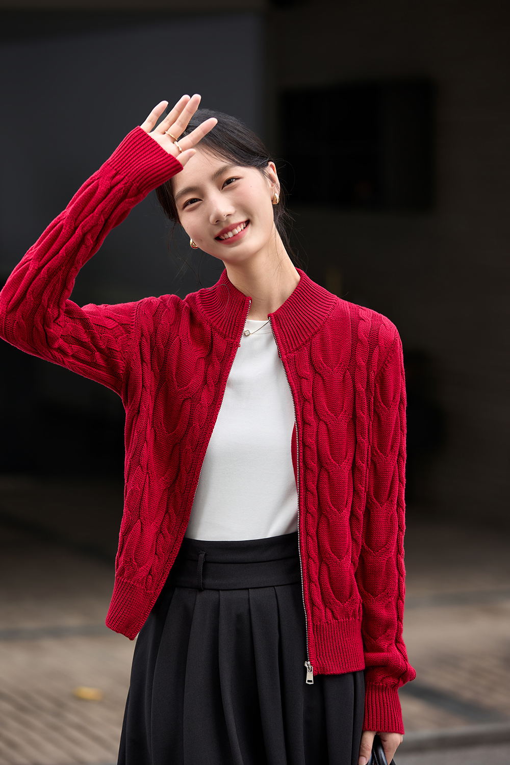 Twisted Cable Stand Neck Zipper Knit Cardigan-VIMLYSTORE