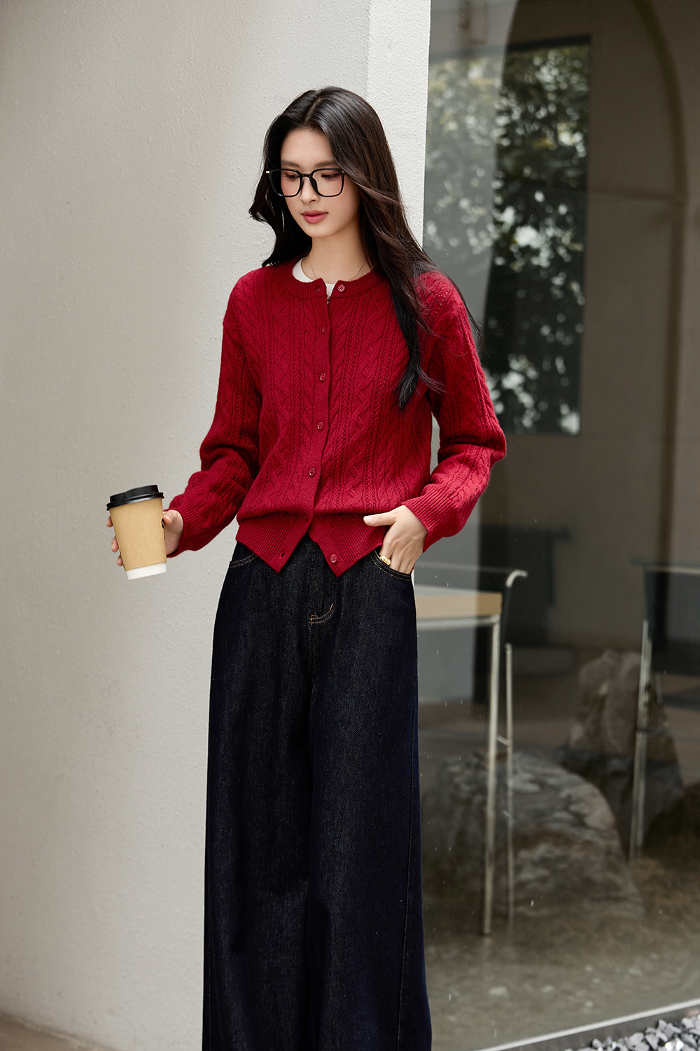 Red Cable-Knit Loose Wool Blend Round Neck Knit Sweater-VIMLYSTORE