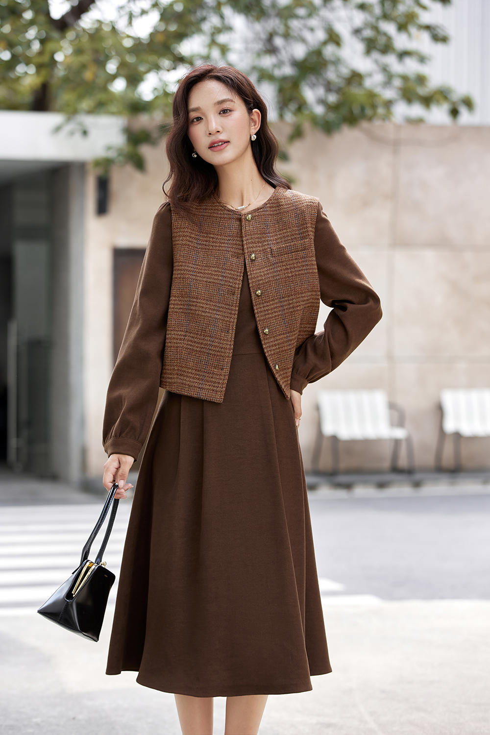 Brown Elegant Round Neck Vest with Long Dress Set-VIMLYSTORE
