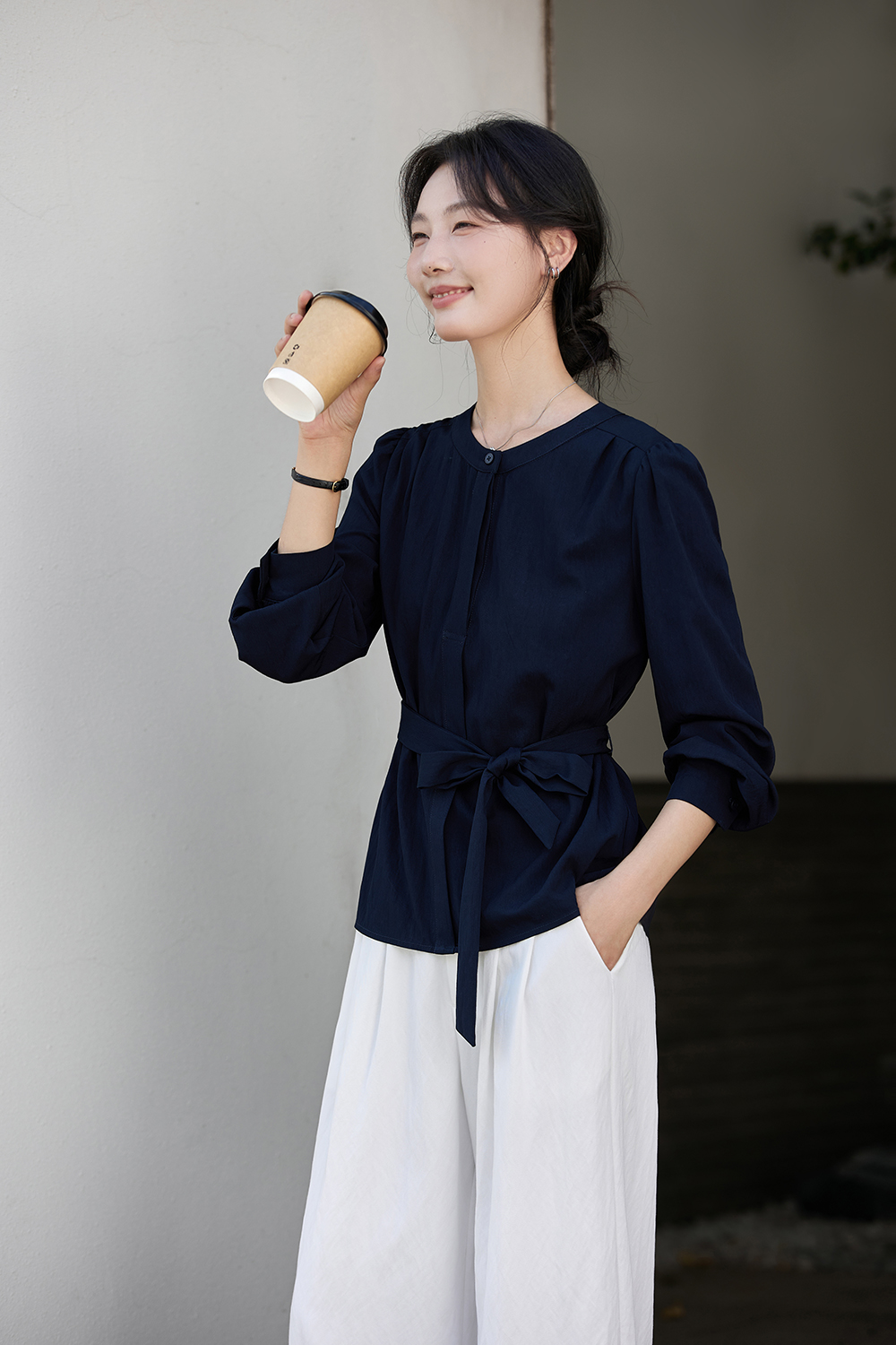 Navy Blue Korean-Style Puff Sleeve Waist-Defining Slimming Round Neck Blouse-VIMLYSTORE