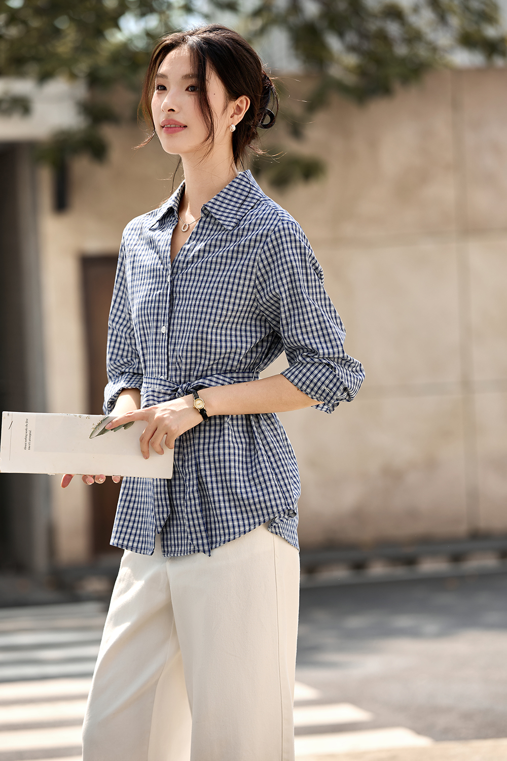 Lapel Tie-Waist Slimming Pure Cotton Long Sleeve Plaid Shirt-VIMLYSTORE