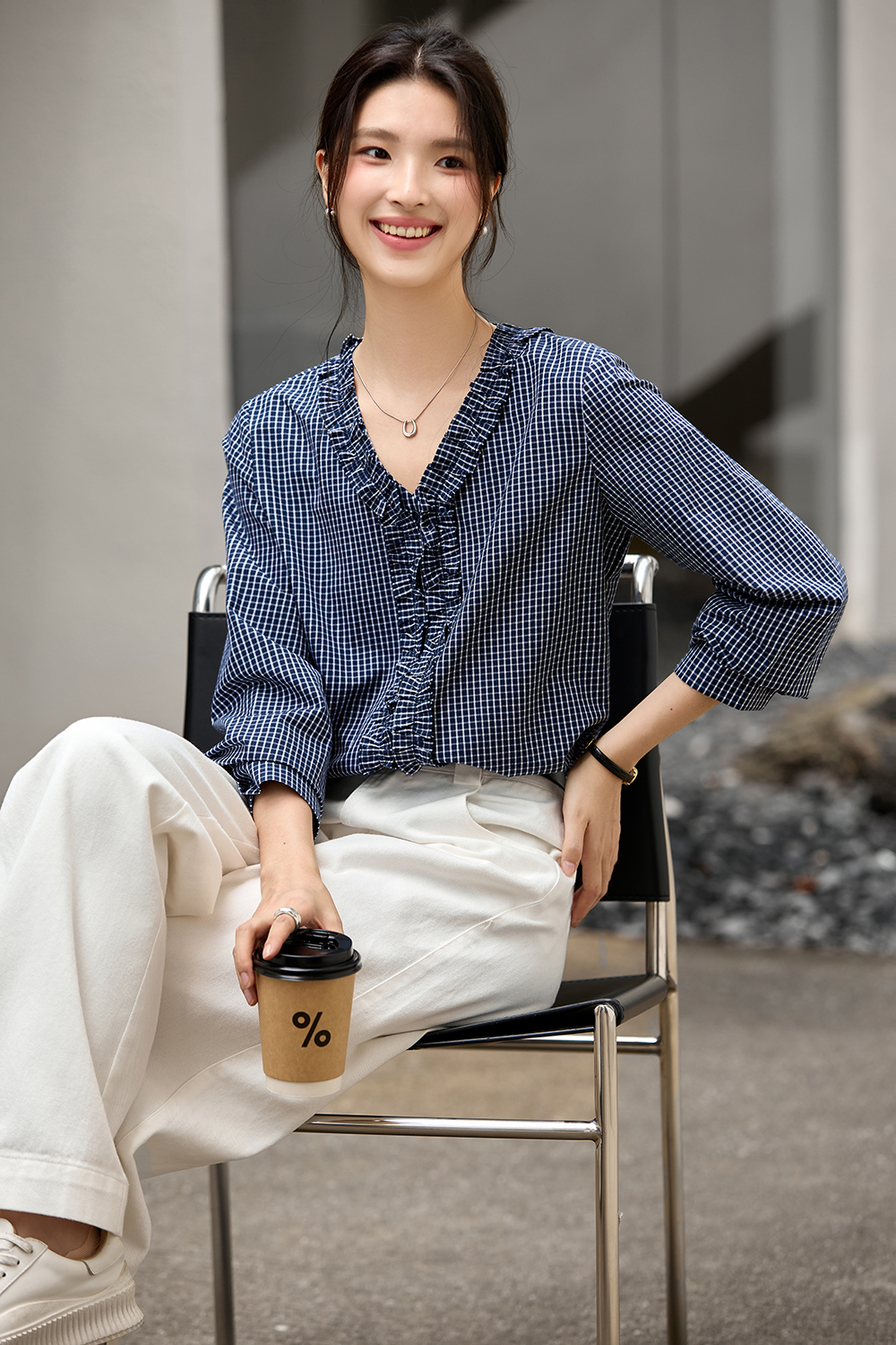 Navy Blue Ruffled Collar Pure Cotton Lapel Long Sleeve Plaid Shirt-VIMLYSTORE