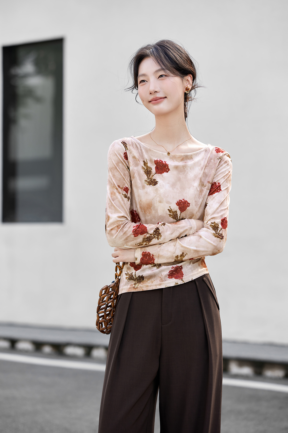 Floral Velvet Boatneck Top with Shirred Waist-VIMLYSTORE