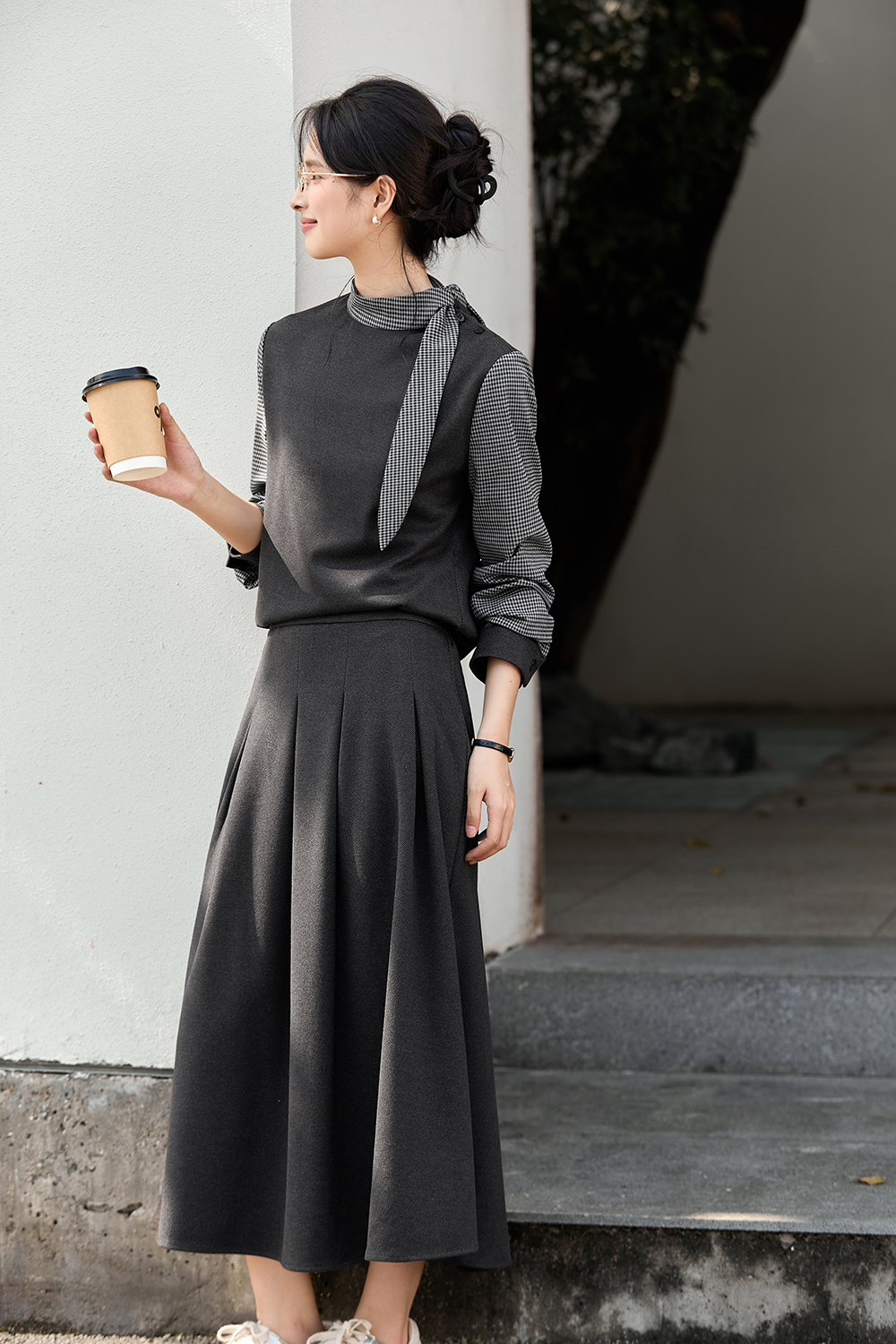 Stand Collar Top & Flowy Maxi Skirt Set-VIMLYSTORE