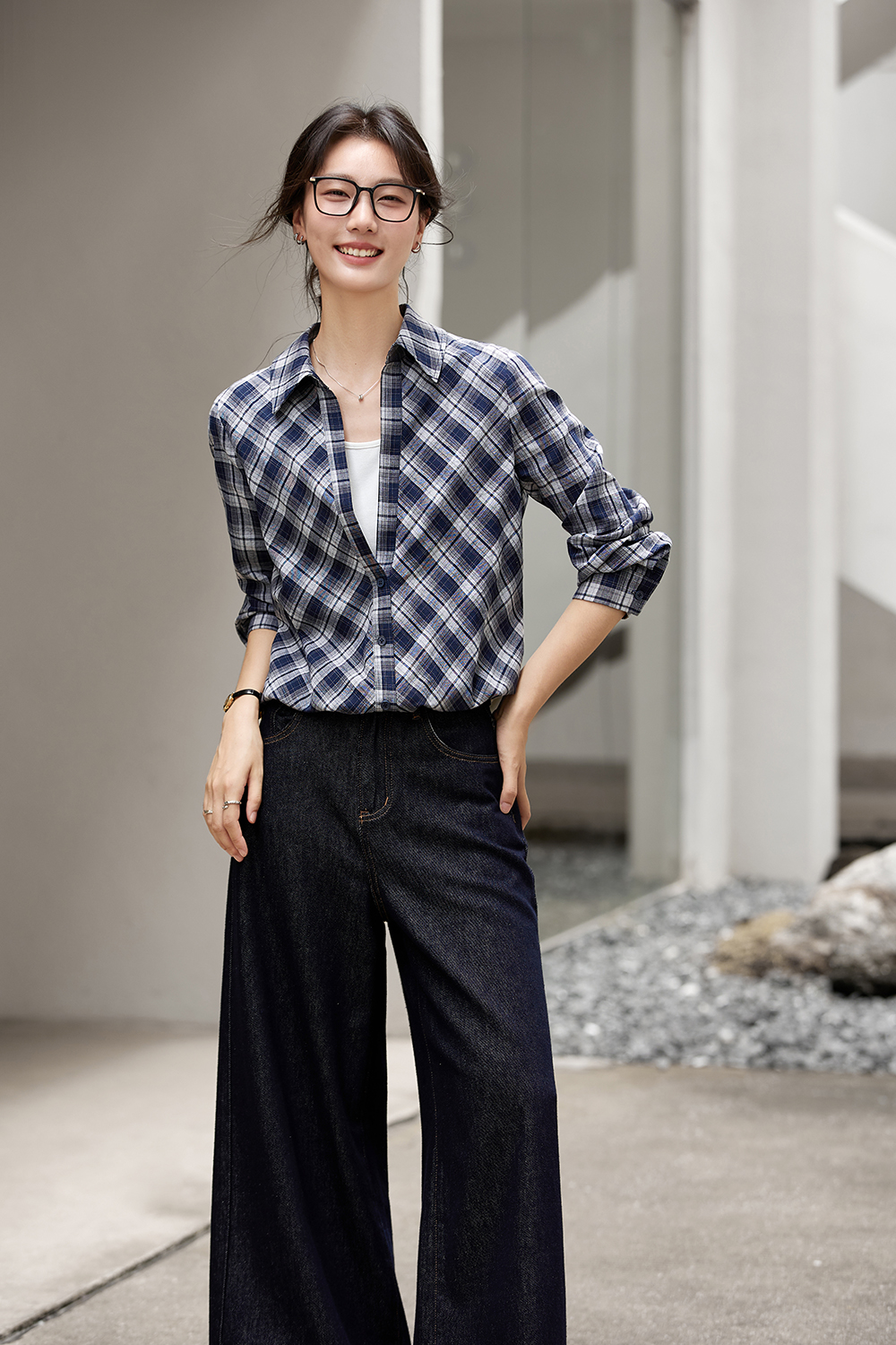 Faux Two-Tone Gingham Shirt in Dusty Blue-VIMLYSTORE