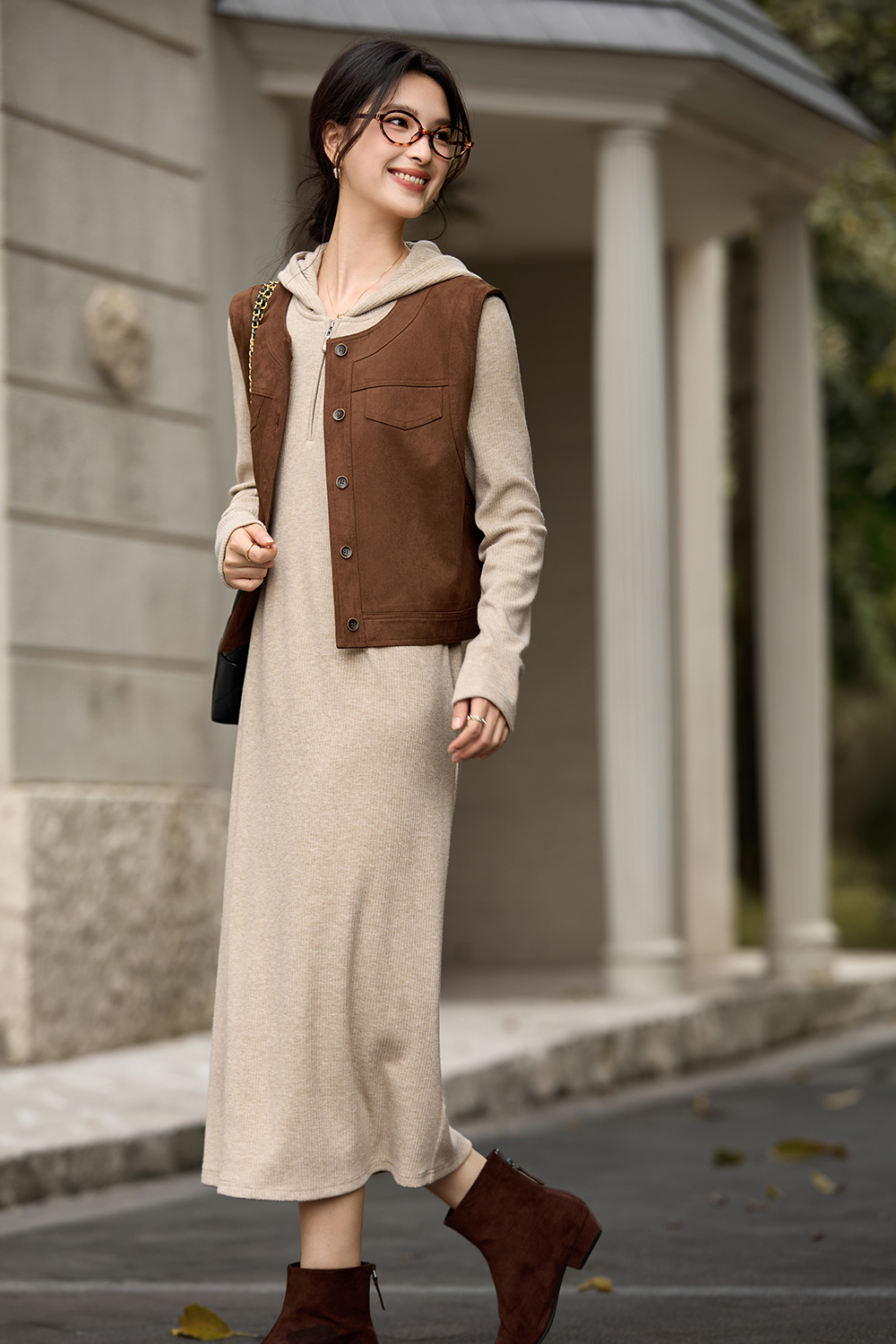 Retro Vest-style Hooded Dress Set-VIMLYSTORE
