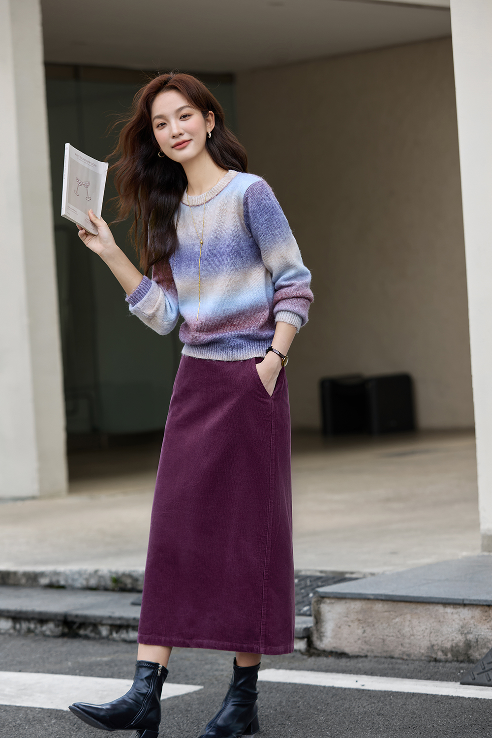 Gradient Color Round Neck Sweater Skirt Set-VIMLYSTORE
