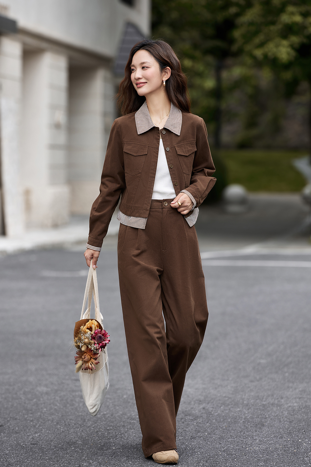 Utility Style Lapel Jacket Wide-Leg Nylon Pants Set-VIMLYSTORE