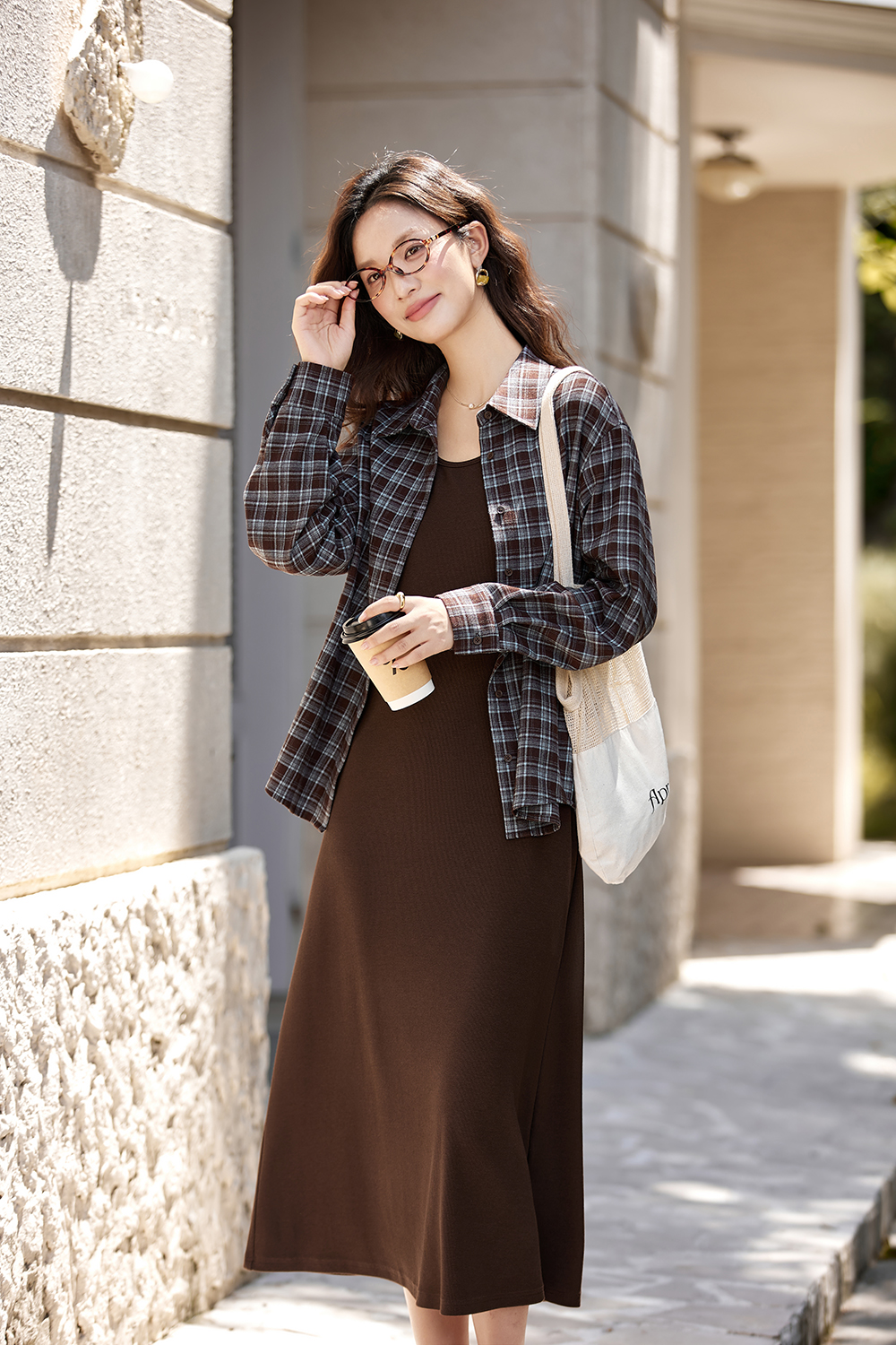 Plaid Shirt Slip Long Dress Set-VIMLYSTORE