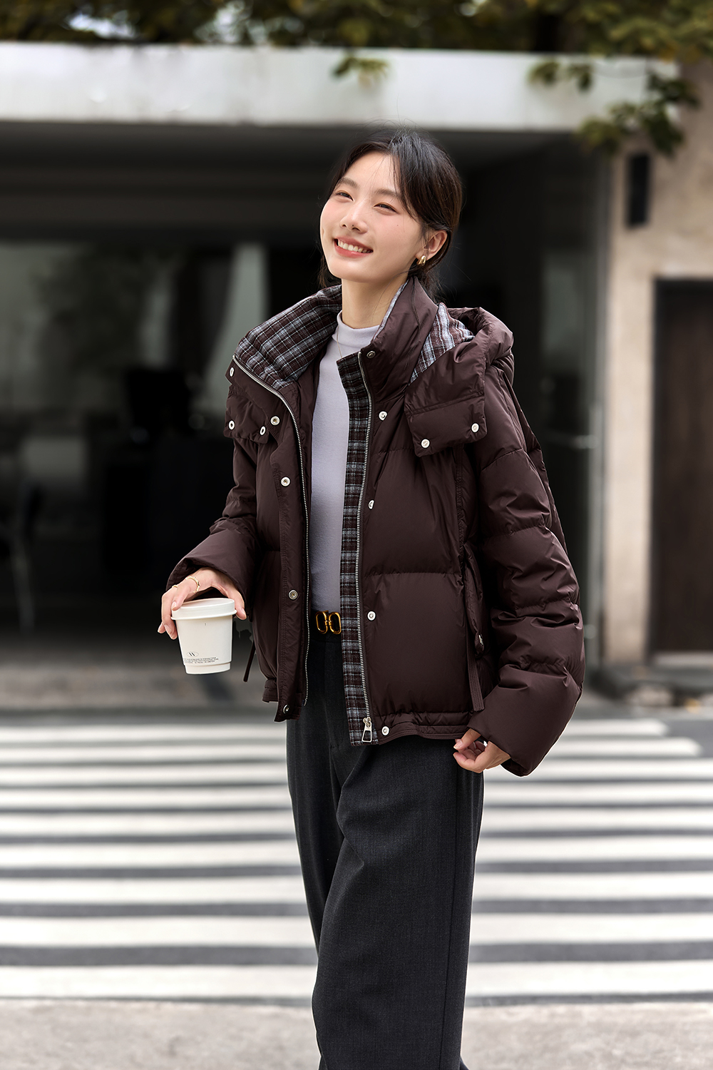 Patchwork Plaid Stand Collar Warm Short Hooded Down Jacket-VIMLYSTORE