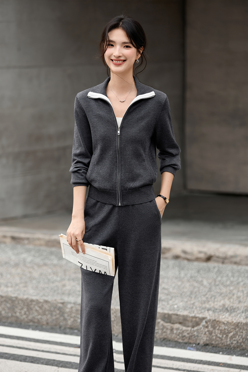 Color Block Zipper Lapel Knit Set-VIMLYSTORE