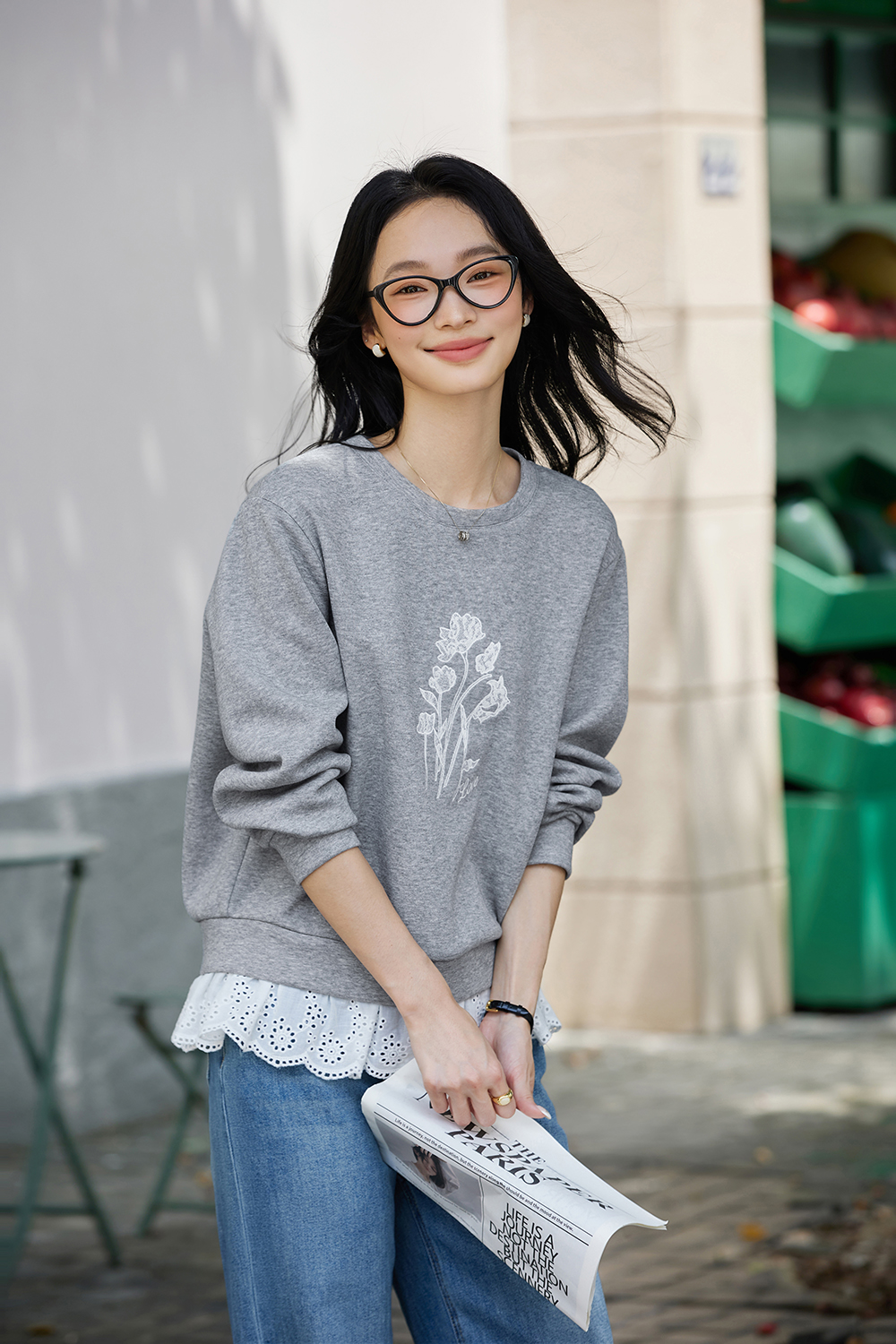 Lace Trim Fake Two-Piece Round Neck Sweatshirt-VIMLYSTORE