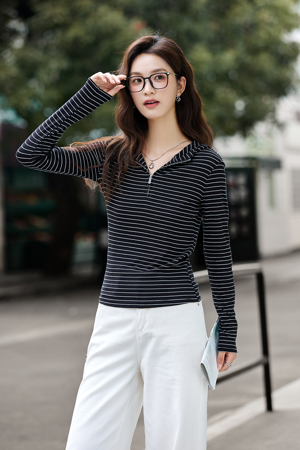 Striped Long Sleeve Hooded Slimming Zipper T-Shirt-VIMLYSTORE