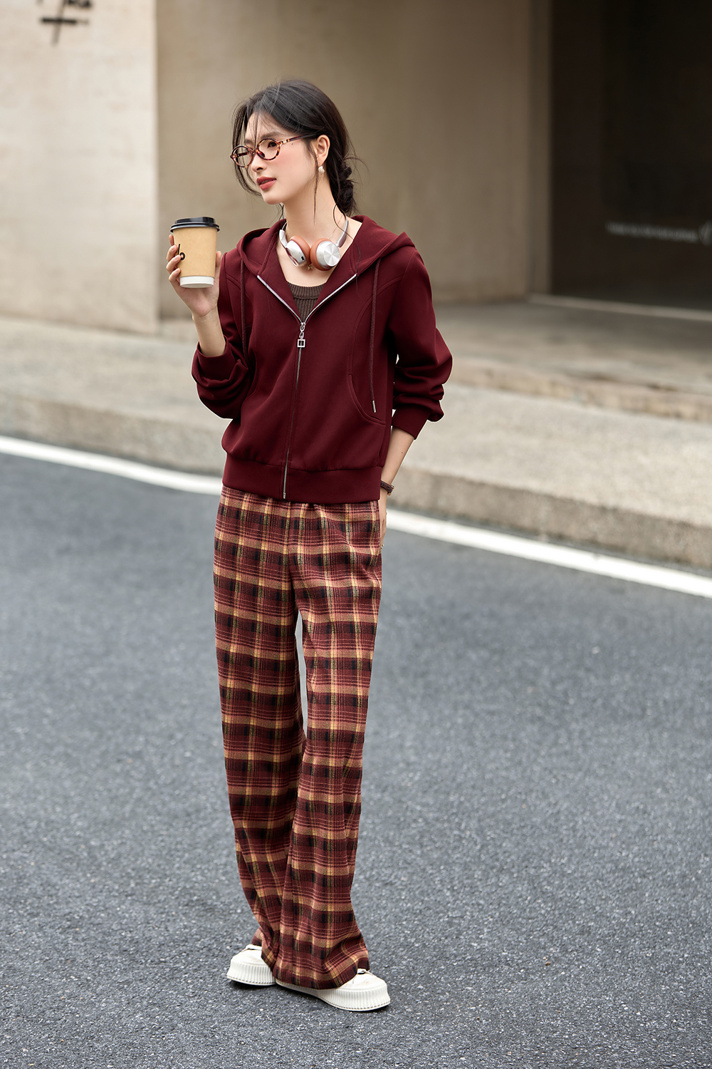 Hooded Zipper Jacket Plaid Pants Set-VIMLYSTORE