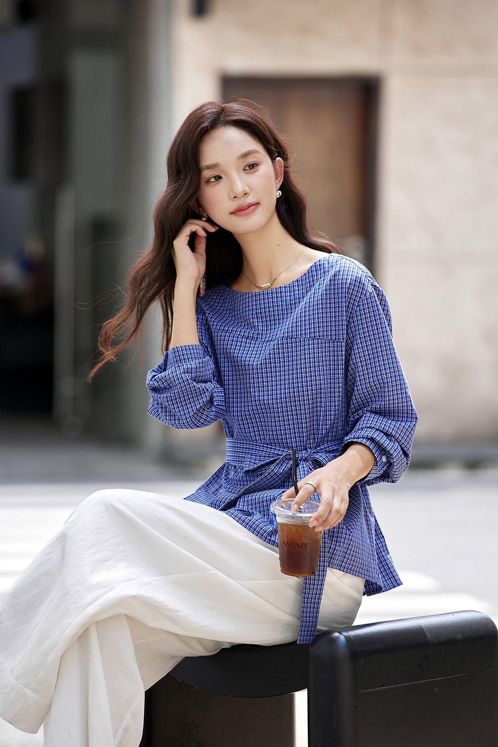 Boat Neck Plaid Waist Tie Slimming Long Sleeve Shirt-VIMLYSTORE