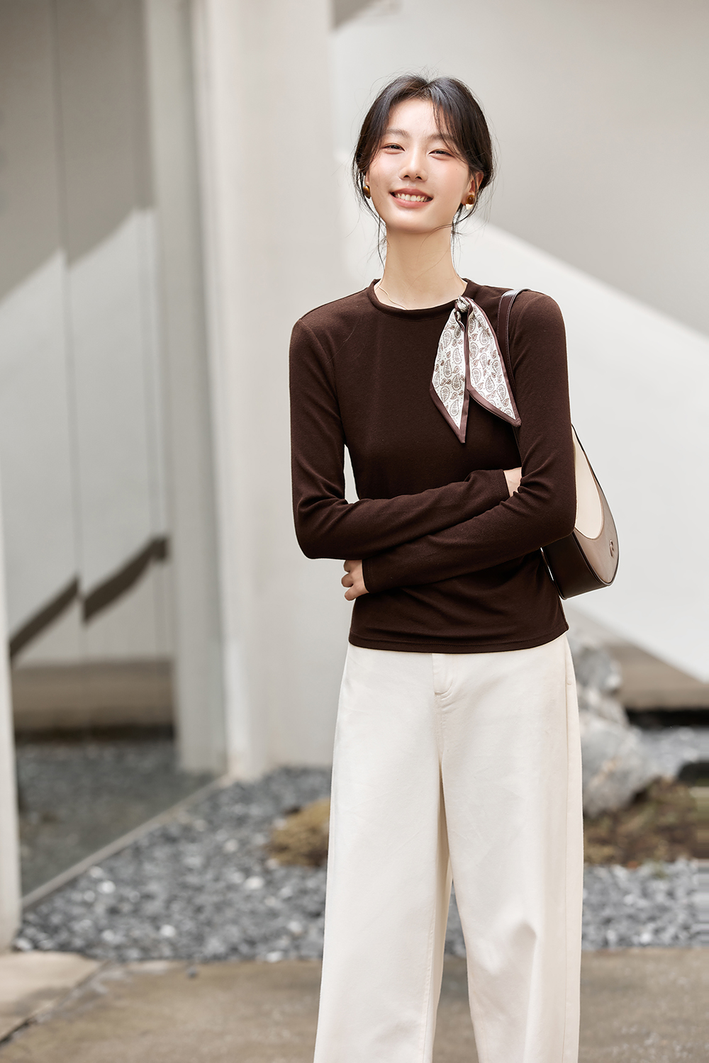 Scarf Decoration Round Neck Long Sleeve Knit T-Shirt-VIMLYSTORE