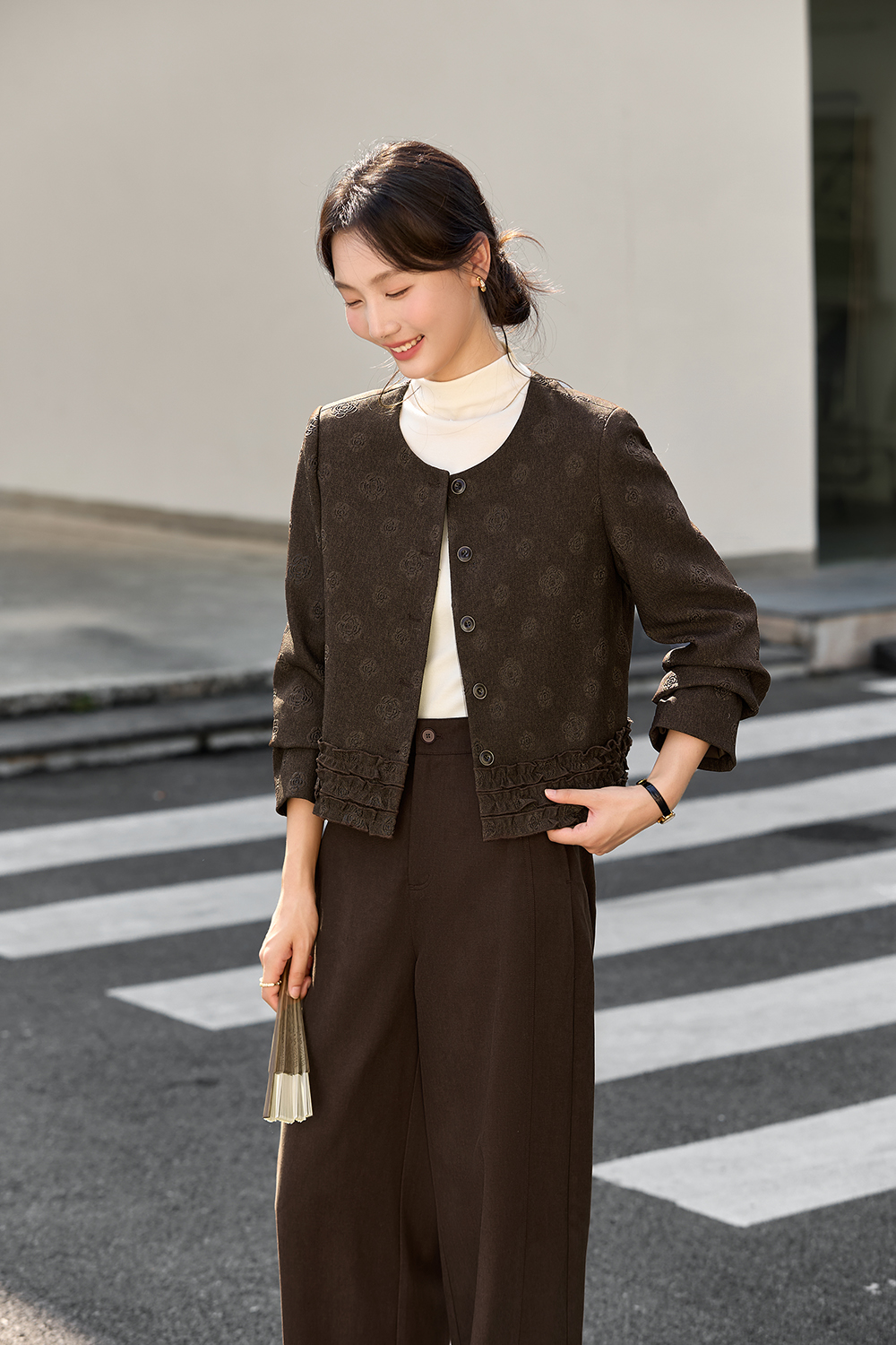 Vintage Shadow Pattern Jacquard Ruffle Collar Round Neck Short Jacket-VIMLYSTORE