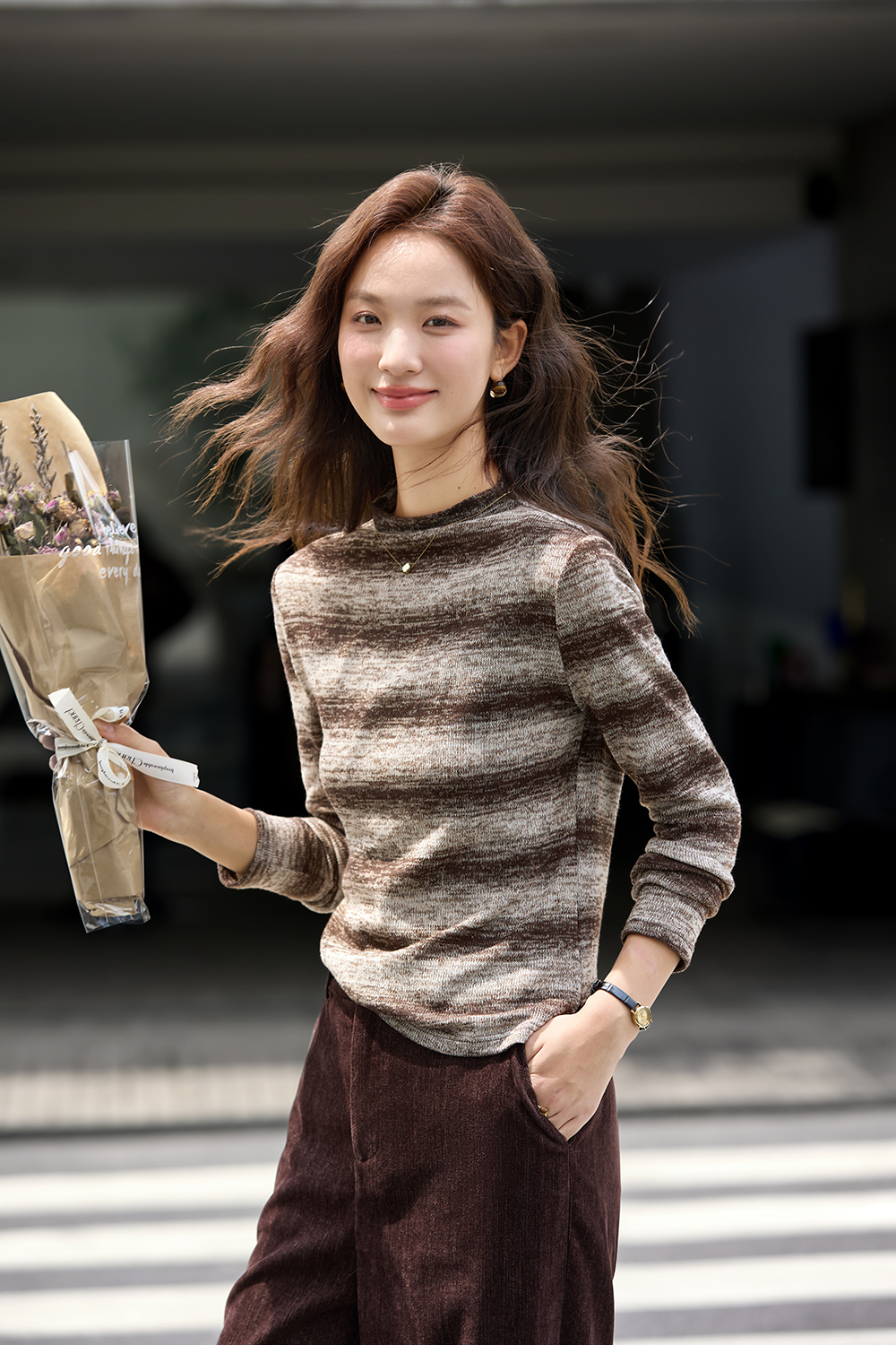 Slimming Mock Neck Stripe Knit Long Sleeve T-Shirt-VIMLYSTORE